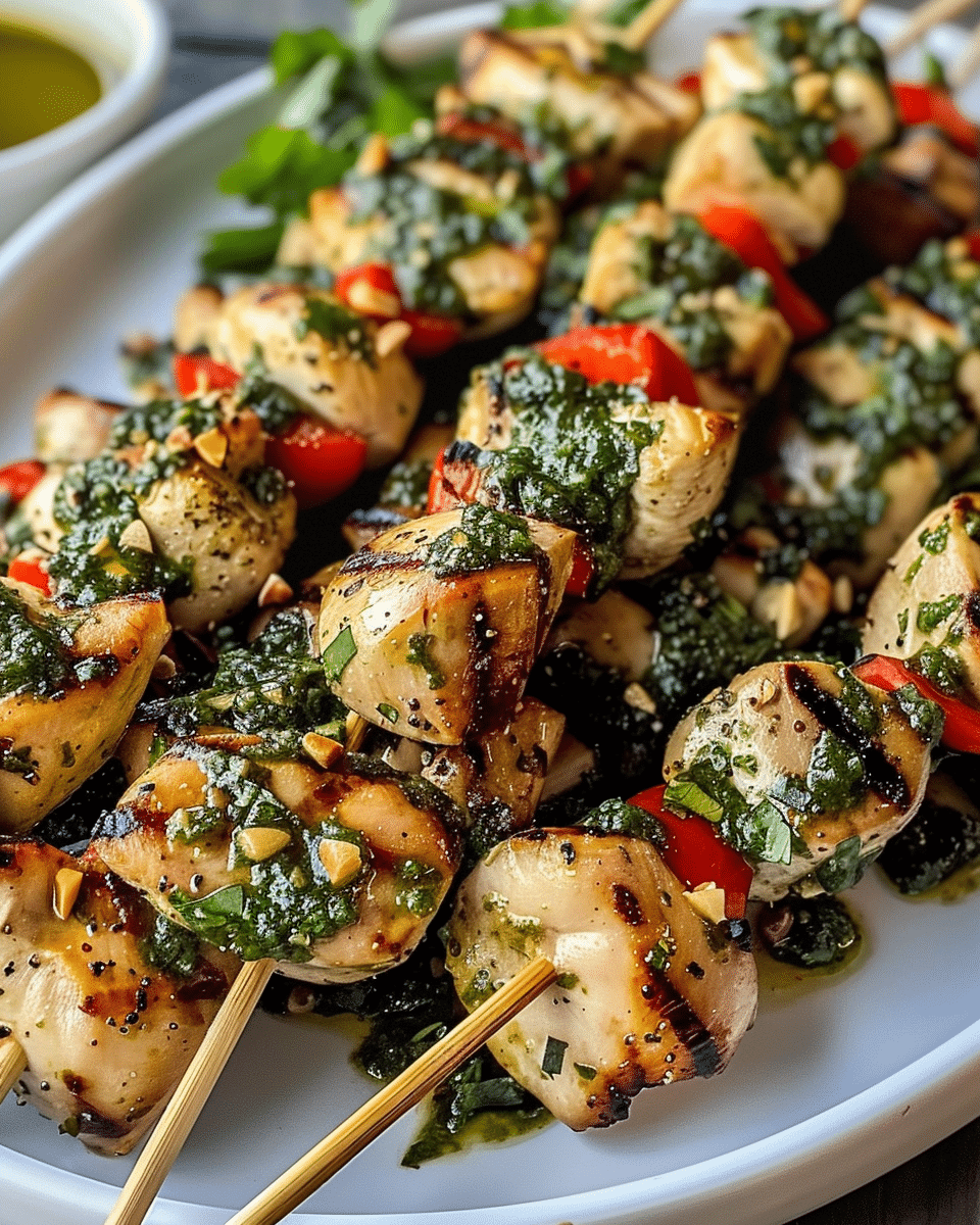 Thai Spicy Basil Chicken Skewers with Cashew Sauce and Gremolata Topping